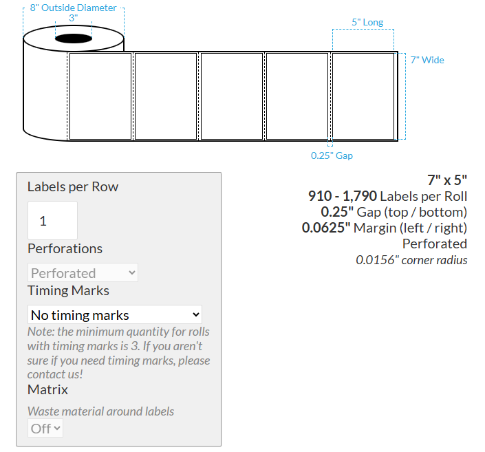 7" X 5" VIPColor VP550 High Gloss White BOPP Extreme Tack (Rectangle/Square Corners) Perforated Roll Labels (3"Core/8"OD)