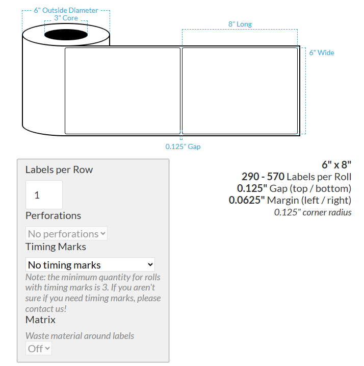 [100817-3X6-HGB-162-1000000] 6" X 8" VIPColor VP650 High Gloss White BOPP (Rounded Corners) Roll Labels (3"Core/8"OD)