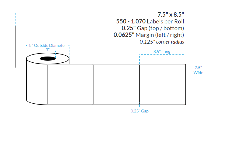 [000000-3X6-HGB-151-1000000-7.5" X 2"] 7.5" X 2" High Gloss White Polypropylene BOPP {Square Corners} Roll Labels  (3"Core/6"OD)