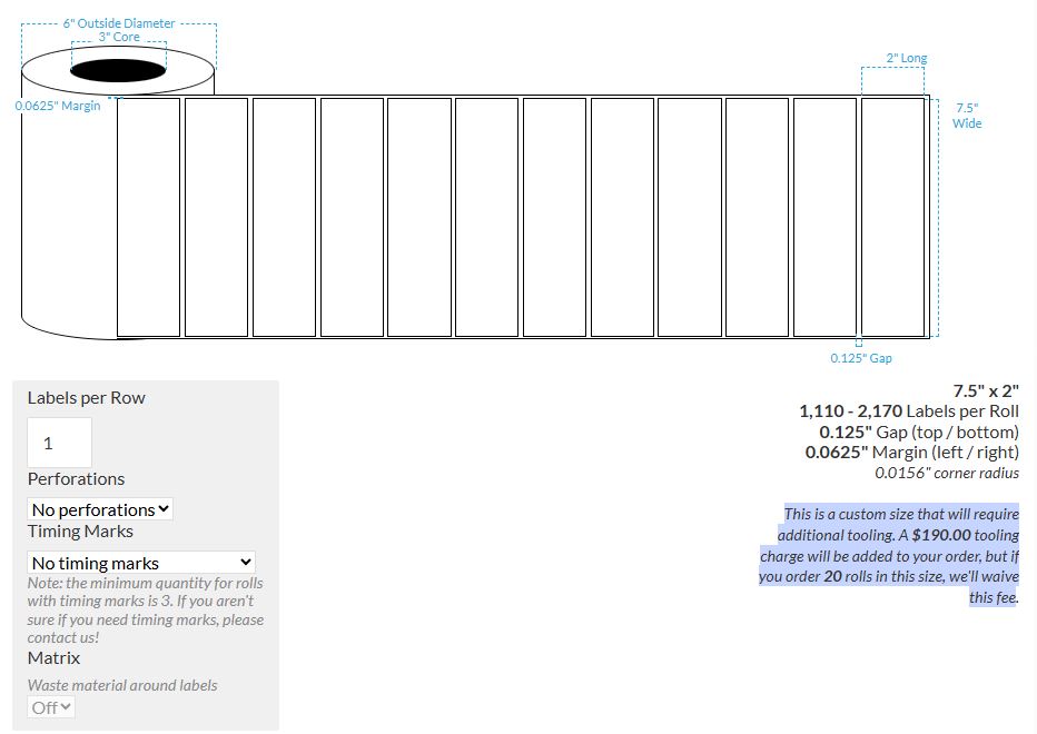 7.5" X 2" MATTE WHITE BOPP BS5609 {ROUND CORNERS} Roll Labels  (3"CORE/6"OD)