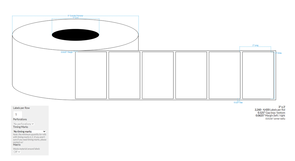 3" x 2"  HIGH GLOSS WHITE Polypropylene BOPP {SQUARE CORNERS} Roll Labels  (3"CORE/8"OD)
