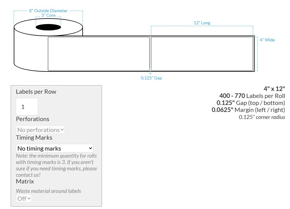 4" x 12" MATTE WHITE PAPER (RECTANGLE/SQUARE CORNERS) Roll Labels (3"CORE/8"OD)