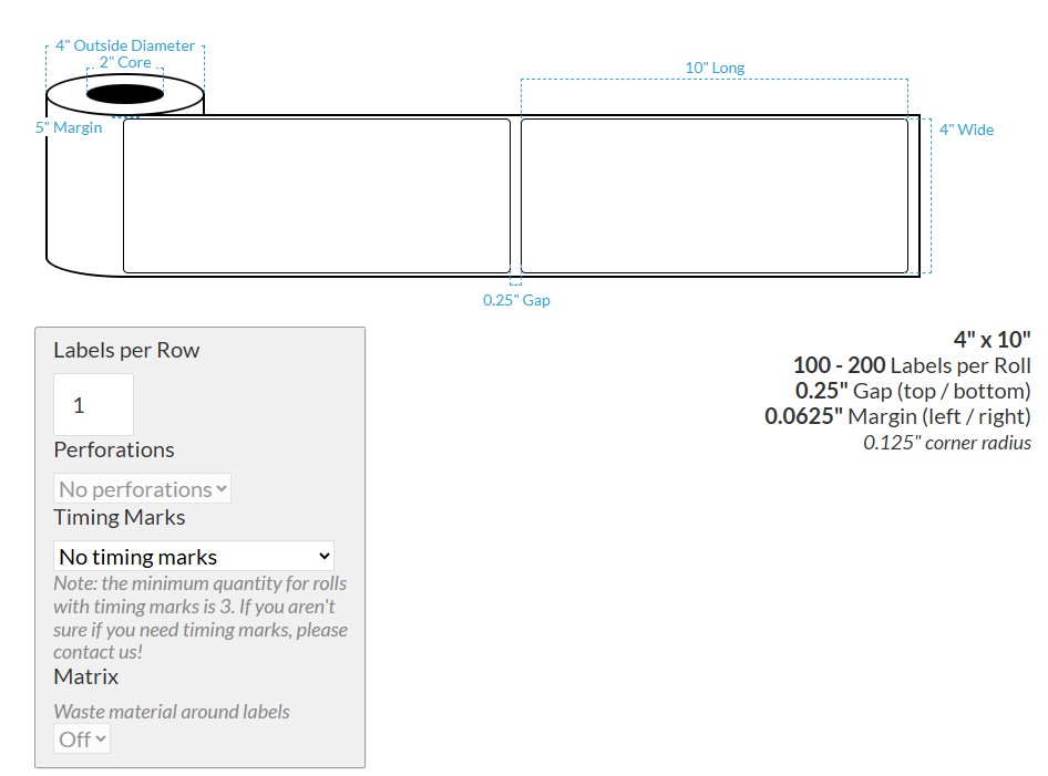 [100743-2X4-MWP-195-1000000] 4" X 10" MATTE WHITE PAPER {ROUNDED CORNERS} Roll Labels (2"CORE/4"OD)