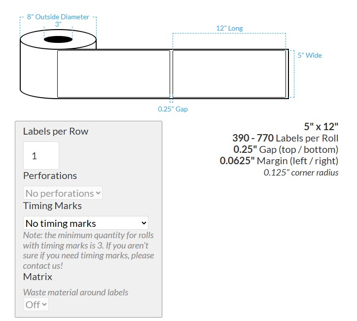 5" x 12" SEMI GLOSS WHITE PAPER {ROUNDED CORNERS} Roll Labels (3"CORE/8"OD)