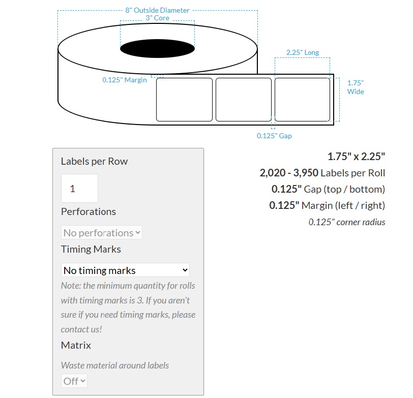 1.75" x 2.25" HIGH GLOSS WHITE Polypropylene BOPP {ROUNDED CORNERS} Roll Labels  (3"CORE/8"OD)