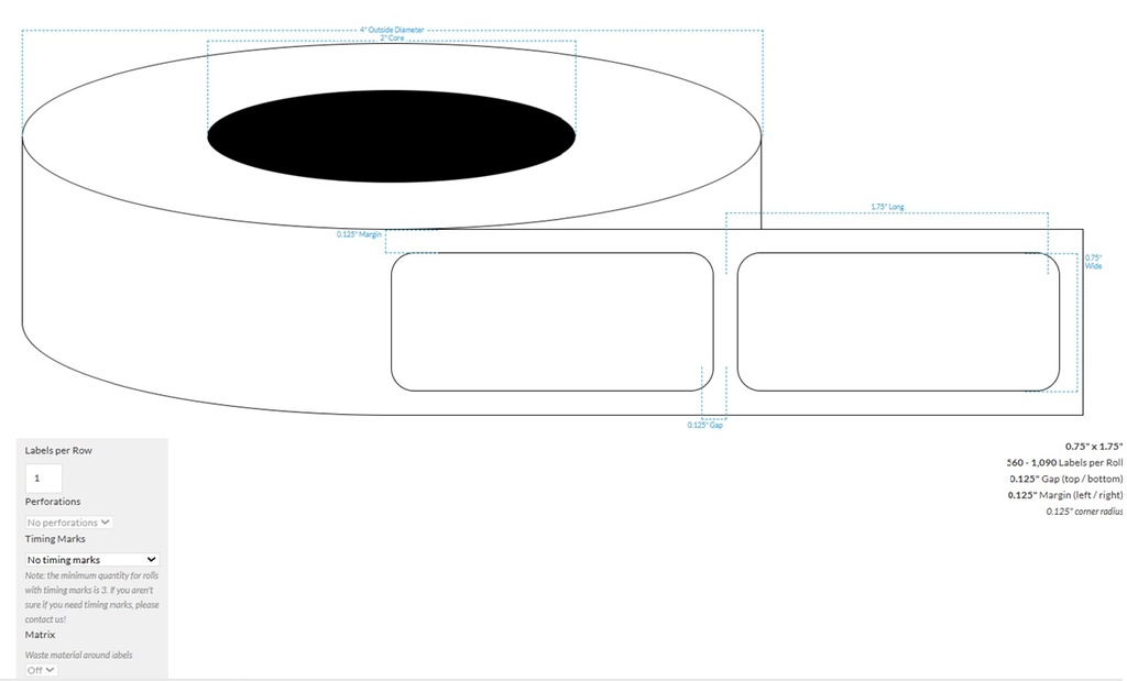 [105971-2X4-MWB-195-1000000] 0.75" x 1.75" MATTE WHITE Polypropylene BOPP {ROUNDED CORNERS} Roll Labels (2"CORE/4"OD)