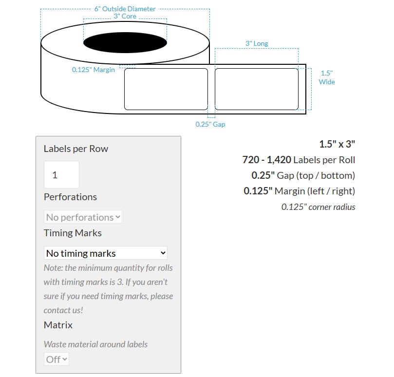 [100716-3X6-HGB-113-1000000] 1.5" X 3" High Gloss White Polypropylene BOPP {Square Corners} Roll Labels (3"Core/6"OD)