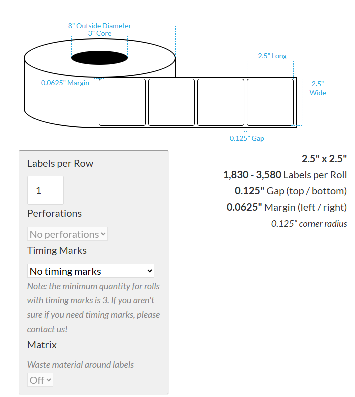 2.5" x 2.5" MATTE KIMDURA {ROUNDED CORNERS} Roll Labels  (3"CORE/8"OD)