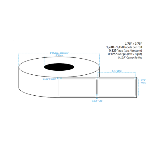 1.75" X 3.75" Satin Polypropylene BOPP {Rounded Corners} Roll Labels (3"Core/8"OD)