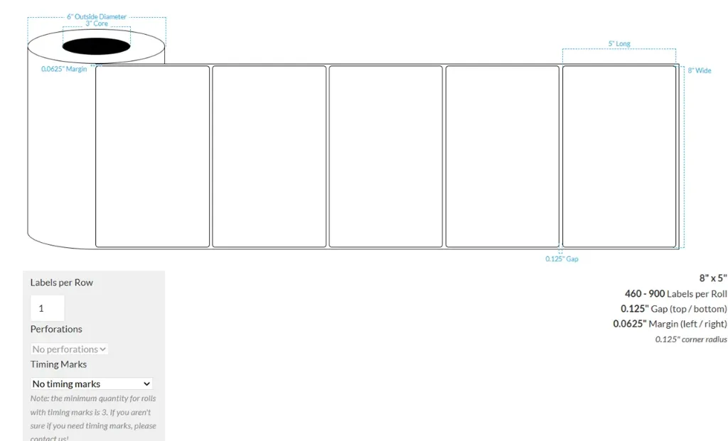 8" x 5" MATTE WHITE PAPER {ROUNDED CORNERS} Roll Labels (3"CORE/6"OD)