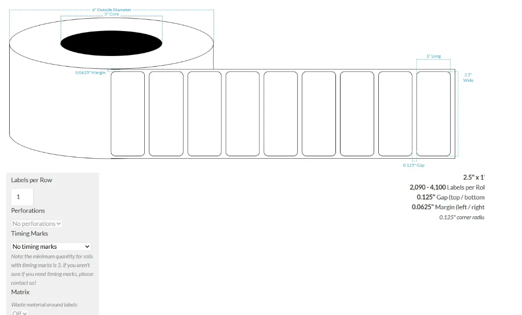 2.5" X 1" High Gloss White Polypropylene BOPP Extreme Tack {Rounded Corners} Roll Labels  (3"Core/6"OD)