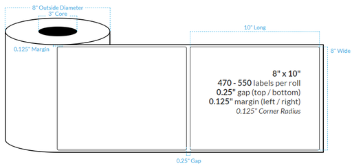 [100392-3X8-MWB-138-1000000] 8" X 10" MATTE WHITE Polypropylene BOPP {ROUNDED CORNERS} Roll Labels  (3"CORE/8"OD)