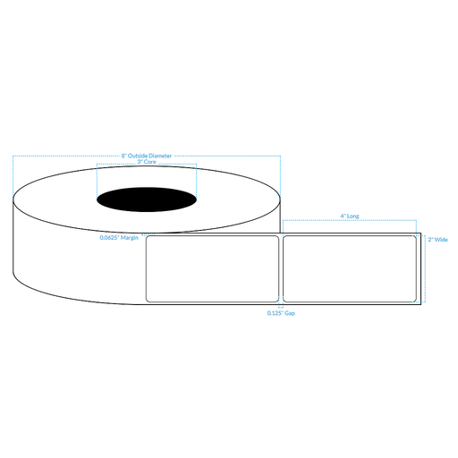[100594-3X8-HGB-129-1000000] 2" x 4" 1 ACROSS  PREMIUM HIGH GLOSS WHITE Polypropylene BOPP {ROUNDED CORNERS} Roll Labels  (3"CORE/8"OD)