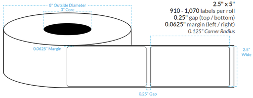 [100724-3X8-HGB-129-1000000] 2.5" x 5"  PREMIUM HIGH GLOSS WHITE Polypropylene BOPP {ROUNDED CORNERS} Roll Labels  (3"CORE/8"OD)