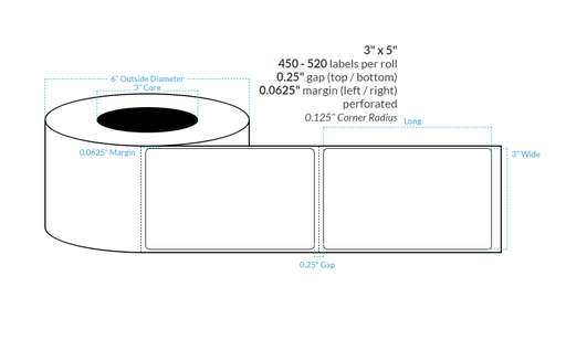 [100537-3X8-HGB-129-1000000] 3" x 5" PREMIUM HIGH GLOSS WHITE Polypropylene BOPP {ROUNDED CORNERS} Roll Labels  (3"CORE/8"OD)