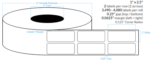 [100582-3X8-HGB-129-2000000] 1" X 2.5" PREMIUM HIGH GLOSS WHITE Polypropylene BOPP {ROUNDED CORNERS} Roll Labels  (3"CORE/8"OD)