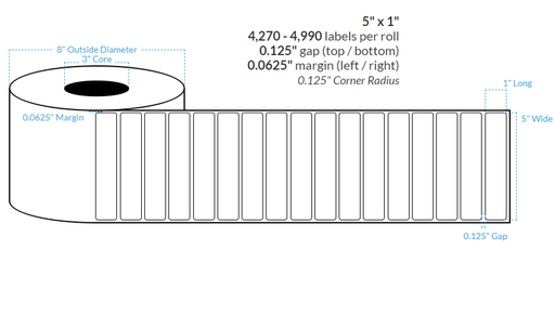 [100911-3X8-HGB-138-1000000] 5" x 1" HIGH GLOSS WHITE Polypropylene BOPP {ROUNDED CORNERS} Roll Labels  (3"CORE/8"OD)