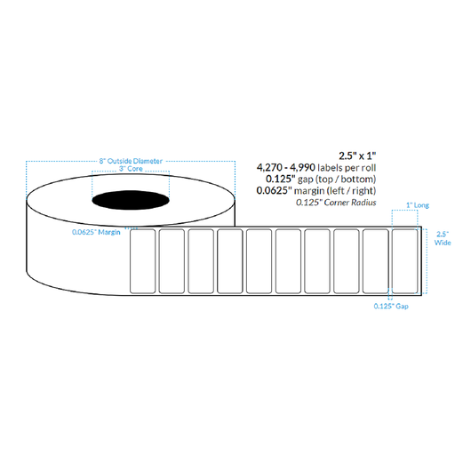 [100529-3X8-R413-129-1000000] 2.5" x 1" MATTE WHITE Polypropylene BOPP {ROUNDED CORNERS} Roll Labels  (3"CORE/8"OD)