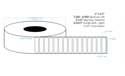 [100587-3X8-SGWP-161-1000000] 2" x 0.5" SEMI GLOSS WHITE PAPER {ROUNDED CORNERS} Roll Labels (3"CORE/8"OD)
