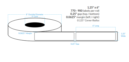 [100354-3X8-MWB-161-1000000] 1.25" x 6" MATTE WHITE Polypropylene BOPP {ROUNDED CORNERS} Roll Labels  (3"CORE/8"OD)
