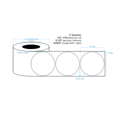 [100439-3X6-HGB-151-1000000] 4" High Gloss Polypropylene BOPP {CIRCLE} Roll Labels  (3"CORE/6"OD)