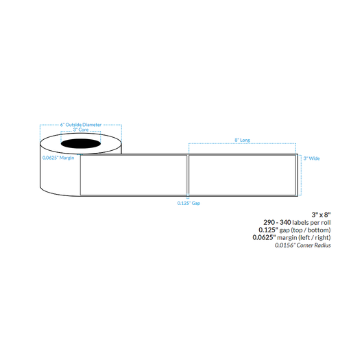[102441-3X6-HGB-151-1000000] 3" x 8" HIGH GLOSS WHITE Polypropylene BOPP {SQUARE CORNERS} Roll Labels (3"CORE/6"OD)