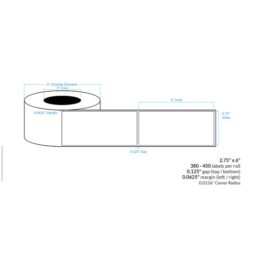 [102177-3X6-HGB-151-1000000] 2.75" x 6" HIGH GLOSS WHITE Polypropylene BOPP {SQUARE CORNERS} Roll Labels (3"CORE/6"OD)