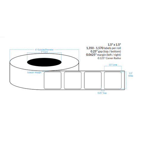 [100714-3X6-CB-149-1100000] 1.5" x 1.5"  INKJET CLEAR POLYPROPYLENE (BOPP) {ROUNDED CORNERS} Roll Labels (3"CORE/6"OD)