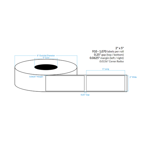 [102327-3X8-W31-161-1000000] 2" x 5" PREMIUM HIGH GLOSS WHITE Polypropylene BOPP {RECTANGLE} Roll Labels  (3"CORE/8"OD)