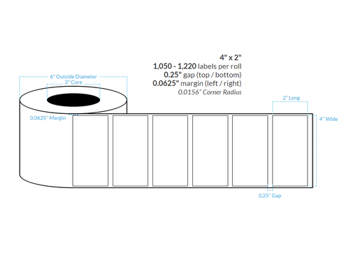 [100257-3X6-SB-177-1000000] 4" x 2" SILVER Polypropylene BOPP {SQUARE CORNERS} Roll Labels (3"CORE/6"OD)