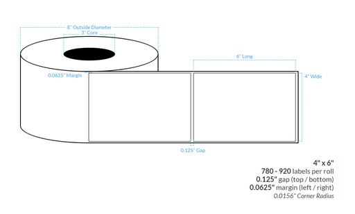 [102473-3X8-MWP-141-1000000] 4" X 6" MATTE WHITE PAPER {SQUARE} Roll Labels  (3"CORE/8"OD)