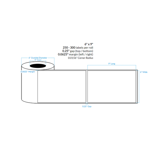 [101568-3X6-HGB-151-1000000] 6" x 9" Premium HIGH GLOSS WHITE Polypropylene BOPP {SQUARE CORNERS} Roll Labels (3"CORE/6"OD)