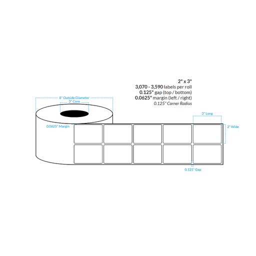 [100645-3X8-G21-161-2000000] 2" x 3" HIGH GLOSS WHITE {ROUNDED CORNERS} Roll Labels  (3"CORE/8"OD)