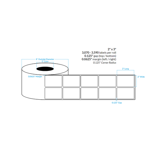 [100645-3X8-HGWP-161-2000000] 2" x 3" HIGH GLOSS WHITE {ROUNDED CORNERS} Roll Labels  (3"CORE/8"OD)