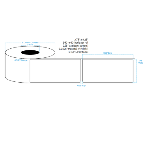 [101025-3X8-R31-143-1000000] 3.75" x 8.25" HIGH GLOSS WHITE Polypropylene BOPP {ROUNDED CORNERS} Roll Labels  (3"CORE/8"OD)