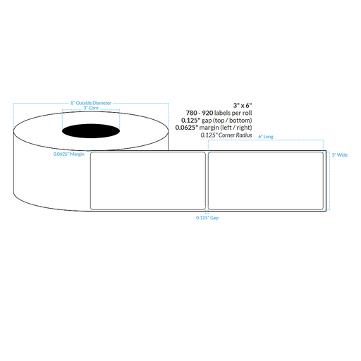 [100857-3X8-R413-129-1000000] 3" x 6"  MATTE WHITE Polypropylene BOPP {ROUNDED CORNERS} Roll Labels  (3"CORE/8"OD)