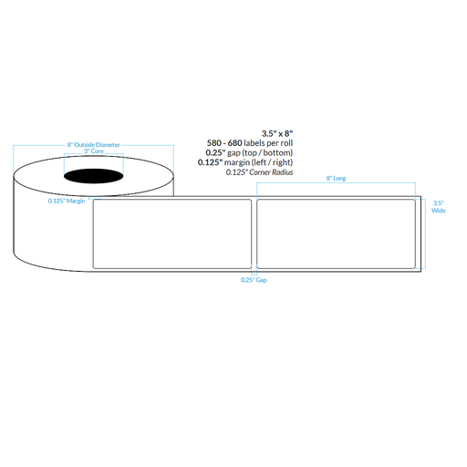 [100865-3X8-R413-129-1000000] 3.5" x 8"  MATTE WHITE Polypropylene BOPP {ROUNDED CORNERS} Roll Labels  (3"CORE/8"OD)