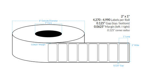 [100446-3X8-HGB-110-1000000] 2" x 1" HIGH GLOSS WHITE Polypropylene BOPP {ROUNDED CORNERS} Roll Labels (3"CORE/8"OD)
