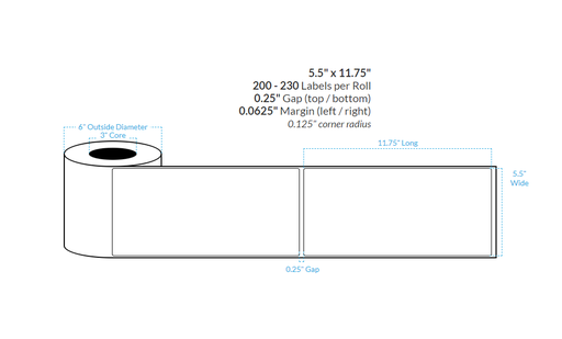 [104055-3X6-HGB-162-1000000] 5.5" X 11.75" PREMIUM HIGH GLOSS WHITE Polypropylene BOPP {SQUARE CORNERS} Roll Labels  (3"CORE/6"OD)
