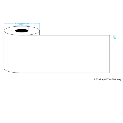 [100969-3X8-R31-182-1000000] 8.5" x 500' HIGH GLOSS WHITE Polypropylene BOPP {CONTINUOUS} Roll Labels  (3"CORE/8"OD)