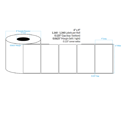 [100685-3X8-HGB-181-1000000] 6" X 4" HIGH GLOSS WHITE Polypropylene BOPP {ROUNDED CORNERS} Roll Labels  (3"CORE/8"OD)