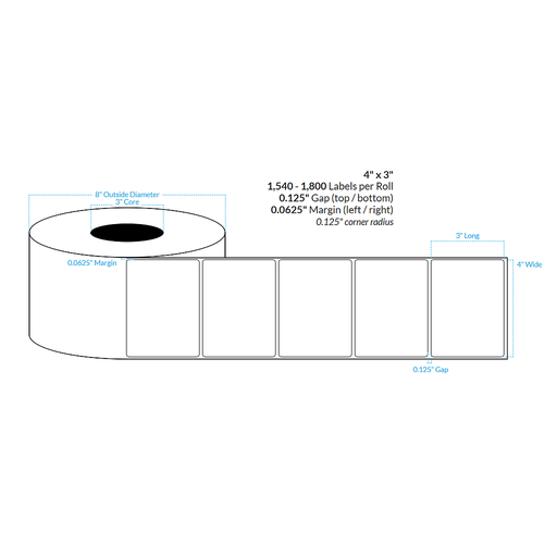 [100859-3X8-CB-161-1100000] 4" X 3" INKJET CLEAR Polypropylene BOPP {ROUNDED CORNERS} Roll Labels  (3"CORE/8"OD)