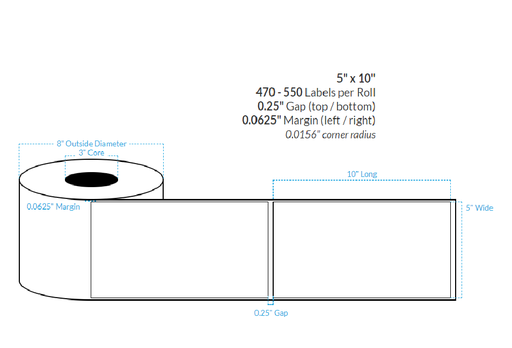 [102978-3X8-HGWP-182-1000000] 5" X 10" HIGH GLOSS WHITE PAPER {SQUARE CORNERS} Roll Labels  (3"CORE/8"OD)