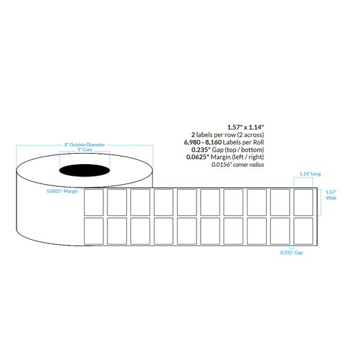 [103756-3X8-HGB-129-2000000] 1.57" x 1.14"  2-ACROSS HIGH GLOSS WHITE Polypropylene BOPP {SQUARE CORNERS} Roll Labels (3"CORE/8"OD)