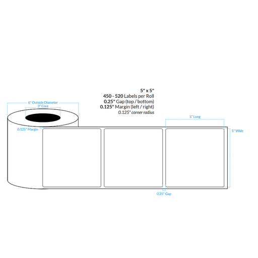 [101225-3X6-MWB-113-1000000] 5" X 5" MATTE WHITE Polypropylene BOPP {ROUNDED CORNERS} Roll Labels  (3"CORE/6"OD)