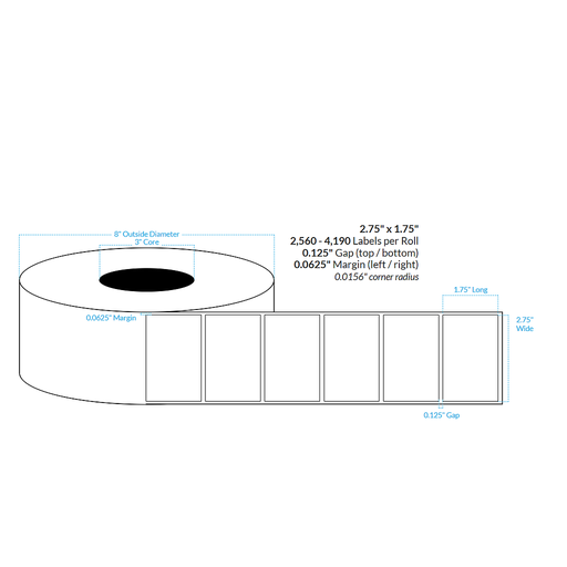 [101300-3X8-MWB-161-1000000] 2.75" x 1.75" MATTE WHITE Polypropylene BOPP {SQUARE CORNERS} Roll Labels (3"CORE/8"OD)