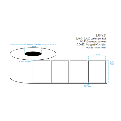 [103431-3X8-G21-182-1000000] 3.75" x 3" HIGH GLOSS WHITE PAPER {SQUARE CORNERS} Roll Labels (3"CORE/8"OD)