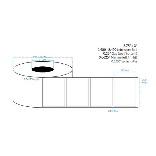 [103431-3X8-HGWP-182-1000000] 3.75" x 3" HIGH GLOSS WHITE PAPER {SQUARE CORNERS} Roll Labels (3"CORE/8"OD)