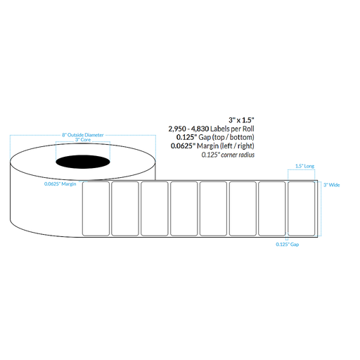 [100472-3X8-MWB-129-1000000] 3" x 1.5"  MATTE WHITE Polypropylene BOPP {ROUNDED CORNERS} Roll Labels  (3"CORE/8"OD)