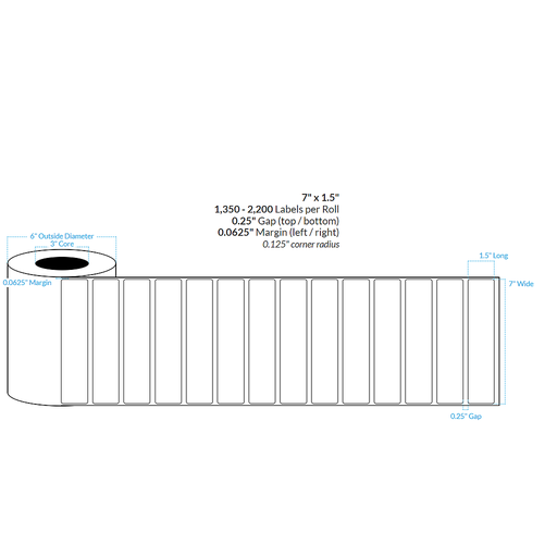 [102198-3X6-HGB-113-1000000] 7" x 1.5" HIGH GLOSS WHITE Polypropylene BOPP {ROUNDED CORNERS} Roll Labels  (3"CORE/6"OD)